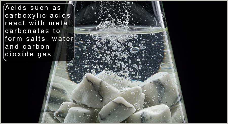  Acids react with metal carbonates to release carbon dioxid egas, a salt and water are also formed.
